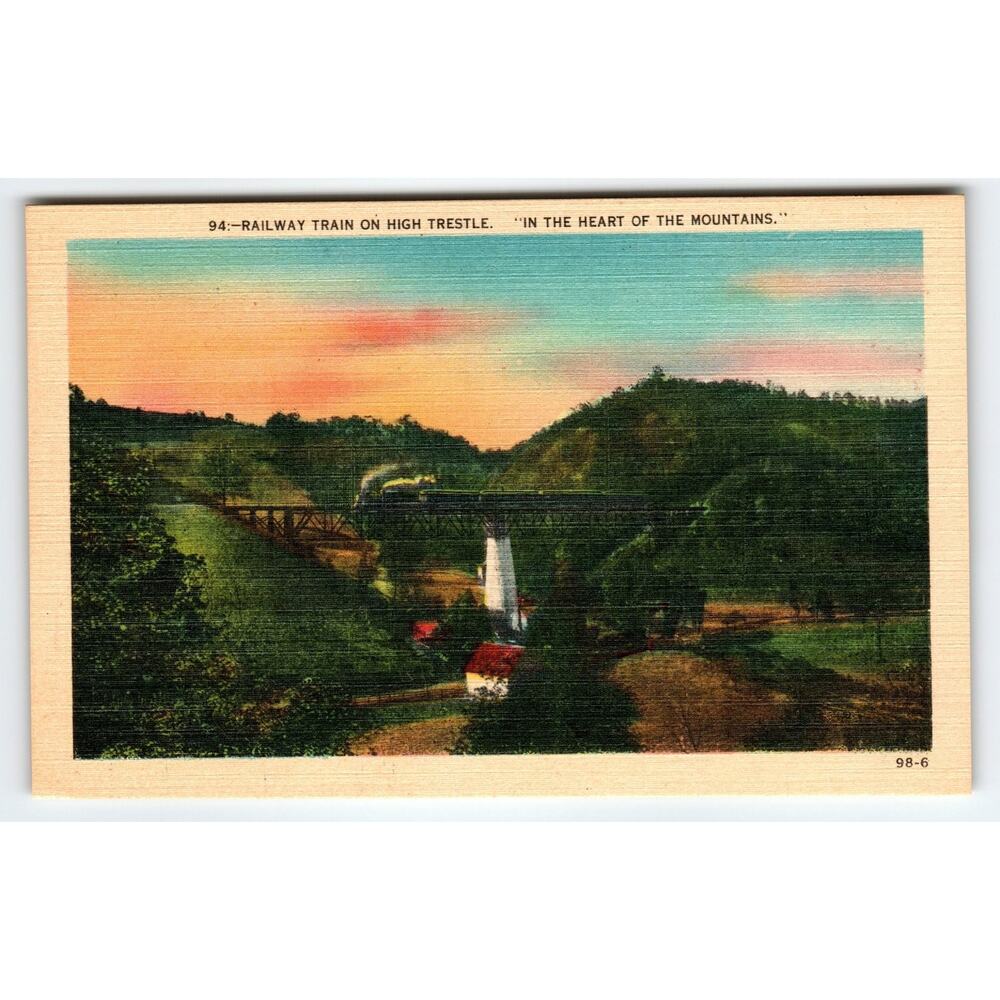 Linen Postcard Railway Train on High Trestle In Heart of Mountains